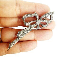 Art Deco revival bow pin brooch rhinestones elegant stylized design pin